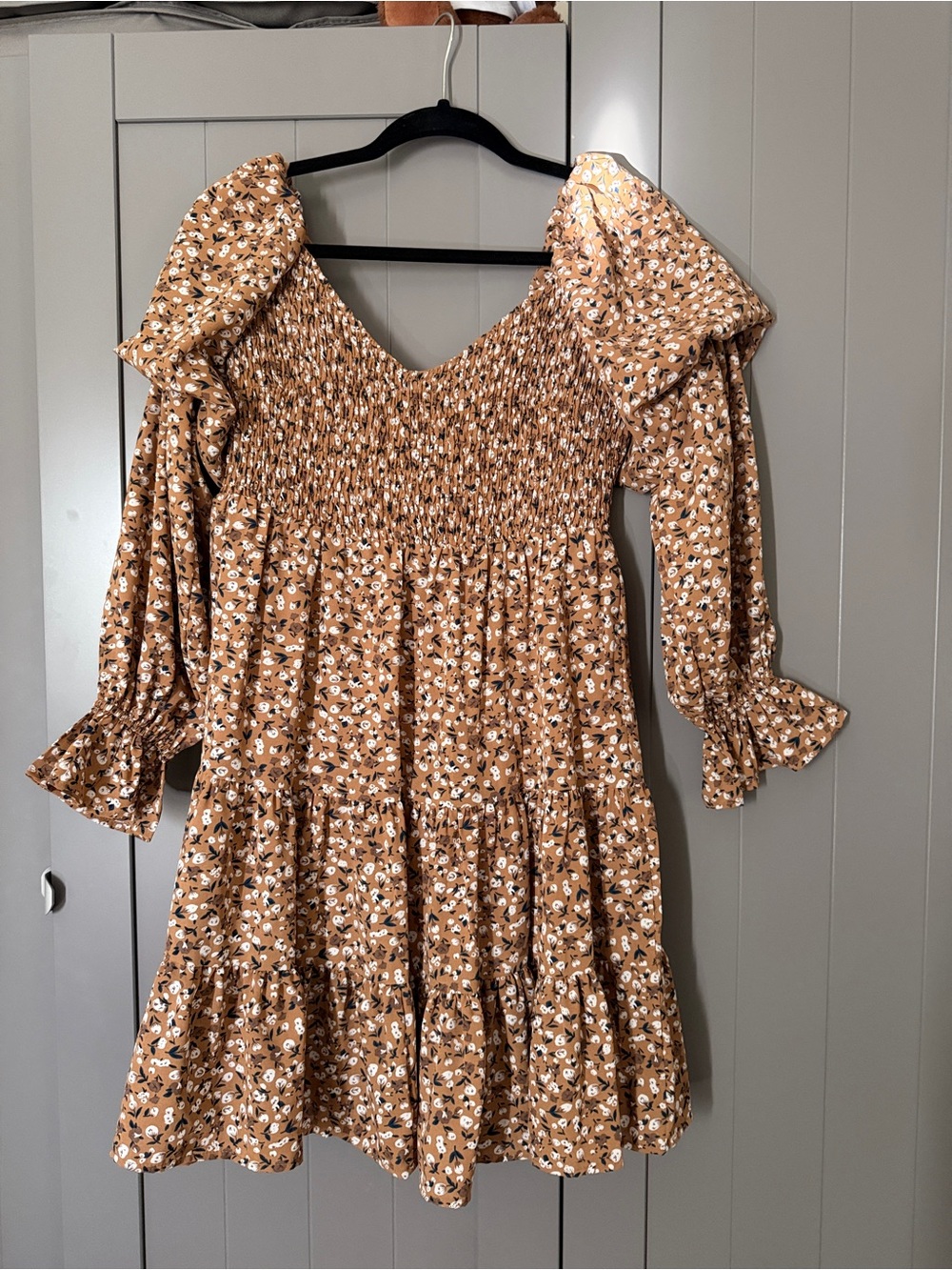 Smocked Tiered Mini Dress in Brown Floral